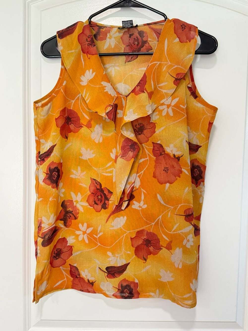 Y2K Floral Ruffle Blouse Orange Sleeveless Boho Romantic Top Women’s S